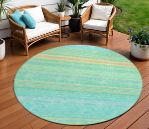 HomeRoots 5' Aqua Green and Yellow Striped Washable Area Rug - Durable, Stain-Resistant, Indoor/Outdoor Accent 8' Round 614793