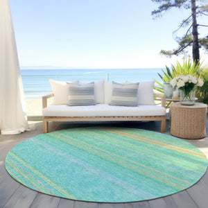 HomeRoots 5' Aqua Green and Yellow Striped Washable Area Rug - Durable, Stain-Resistant, Indoor/Outdoor Accent 8' Round 614793