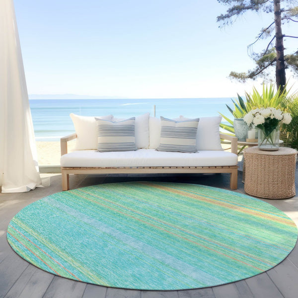 HomeRoots 5' Aqua Green and Yellow Striped Washable Area Rug - Durable, Stain-Resistant, Indoor/Outdoor Accent 8' Round 614793