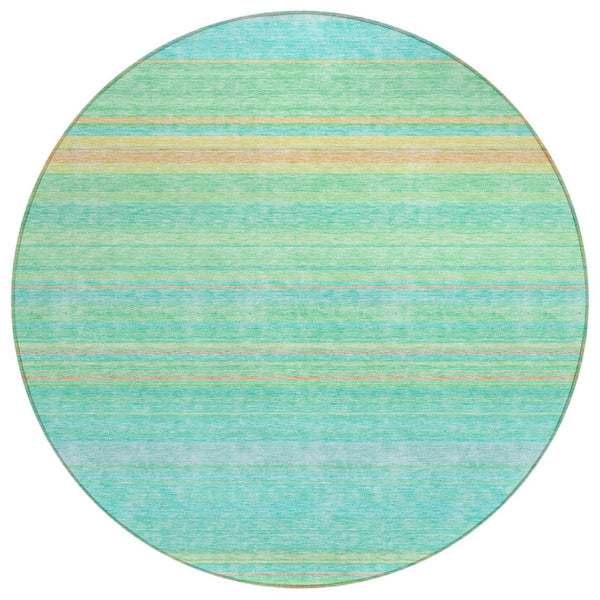 HomeRoots 5' Aqua Green and Yellow Striped Washable Area Rug - Durable, Stain-Resistant, Indoor/Outdoor Accent 8' Round 614793