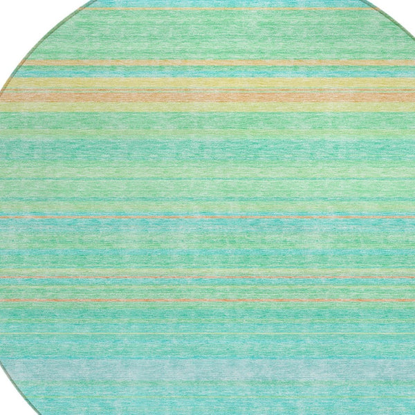 HomeRoots 5' Aqua Green and Yellow Striped Washable Area Rug - Durable, Stain-Resistant, Indoor/Outdoor Accent 8' Round 614793