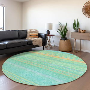 HomeRoots 5' Aqua Green and Yellow Striped Washable Area Rug - Durable, Stain-Resistant, Indoor/Outdoor Accent 8' Round 614793