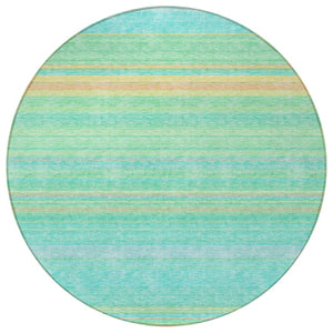 HomeRoots 5' Aqua Green and Yellow Striped Washable Area Rug - Durable, Stain-Resistant, Indoor/Outdoor Accent 8' Round 614793