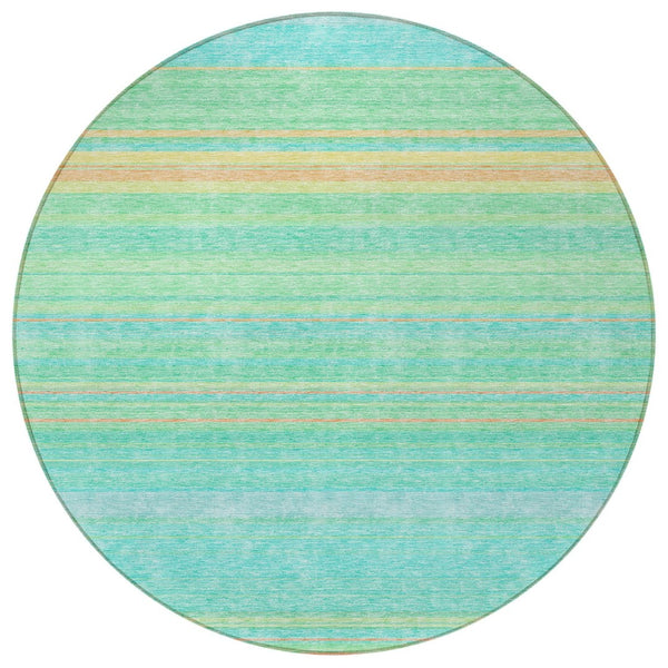 HomeRoots 5' Aqua Green and Yellow Striped Washable Area Rug - Durable, Stain-Resistant, Indoor/Outdoor Accent 8' Round 614793