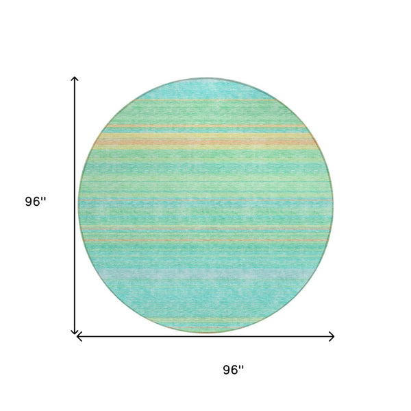 HomeRoots 5' Aqua Green and Yellow Striped Washable Area Rug - Durable, Stain-Resistant, Indoor/Outdoor Accent 8' Round 614793