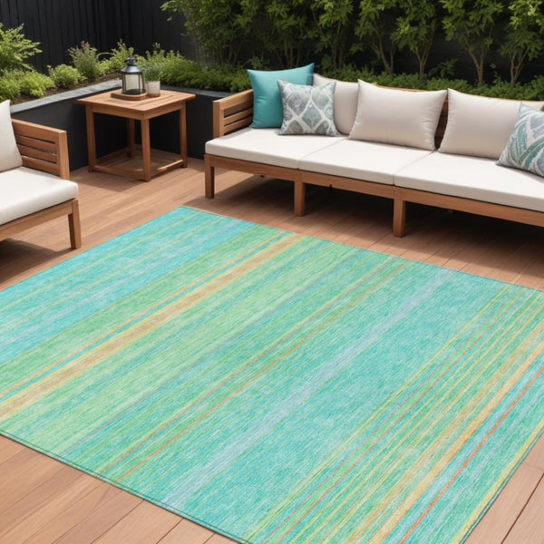 HomeRoots 5' Aqua Green and Yellow Striped Washable Area Rug - Durable, Stain-Resistant, Indoor/Outdoor Accent 8' X 10' 614794