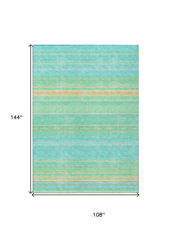 HomeRoots 5' Aqua Green and Yellow Striped Washable Area Rug - Durable, Stain-Resistant, Indoor/Outdoor Accent 9' X 12' 614795