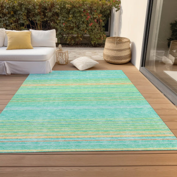 HomeRoots 5' Aqua Green and Yellow Striped Washable Area Rug - Durable, Stain-Resistant, Indoor/Outdoor Accent 9' X 12' 614795