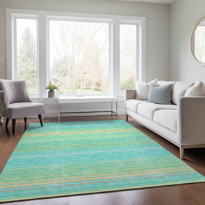 HomeRoots 5' Aqua Green and Yellow Striped Washable Area Rug - Durable, Stain-Resistant, Indoor/Outdoor Accent 9' X 12' 614795