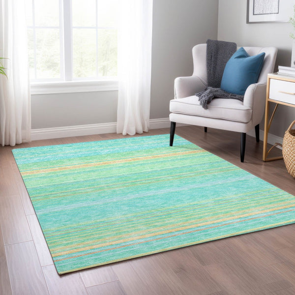 HomeRoots 5' Aqua Green and Yellow Striped Washable Area Rug - Durable, Stain-Resistant, Indoor/Outdoor Accent 10' X 14' 614796