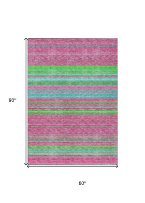HomeRoots 5' Stylish Blush, Lime Green & Teal Blue Striped Washable Rug for Indoor & Outdoor Versatility 5' X 8' 614798