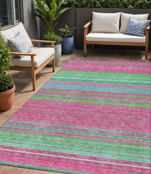 HomeRoots 5' Stylish Blush, Lime Green & Teal Blue Striped Washable Rug for Indoor & Outdoor Versatility 5' X 8' 614798