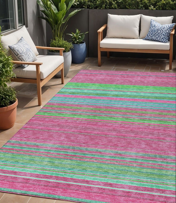 HomeRoots 5' Stylish Blush, Lime Green & Teal Blue Striped Washable Rug for Indoor & Outdoor Versatility 5' X 8' 614798