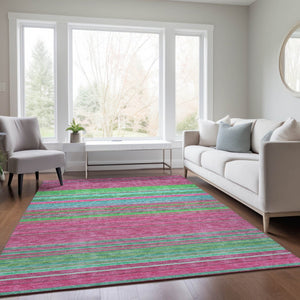 HomeRoots 5' Stylish Blush, Lime Green & Teal Blue Striped Washable Rug for Indoor & Outdoor Versatility 5' X 8' 614798