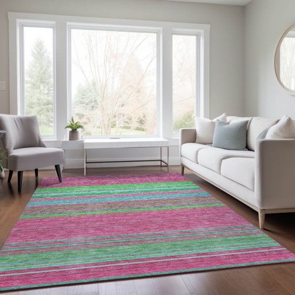 HomeRoots 5' Stylish Blush, Lime Green & Teal Blue Striped Washable Rug for Indoor & Outdoor Versatility 5' X 8' 614798