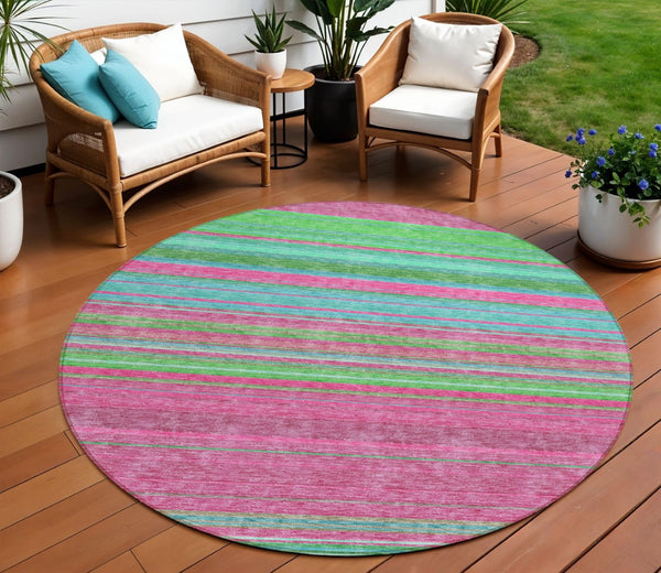 HomeRoots 5' Stylish Blush, Lime Green & Teal Blue Striped Washable Rug for Indoor & Outdoor Versatility 8' Round 614799