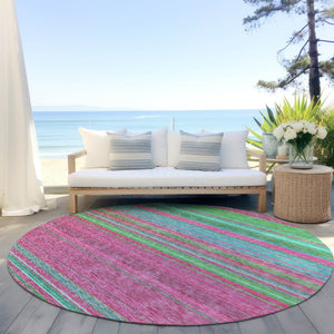 HomeRoots 5' Stylish Blush, Lime Green & Teal Blue Striped Washable Rug for Indoor & Outdoor Versatility 8' Round 614799