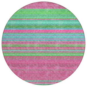 HomeRoots 5' Stylish Blush, Lime Green & Teal Blue Striped Washable Rug for Indoor & Outdoor Versatility 8' Round 614799