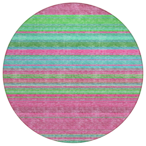HomeRoots 5' Stylish Blush, Lime Green & Teal Blue Striped Washable Rug for Indoor & Outdoor Versatility 8' Round 614799