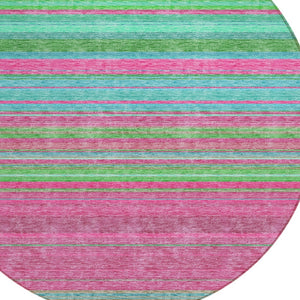 HomeRoots 5' Stylish Blush, Lime Green & Teal Blue Striped Washable Rug for Indoor & Outdoor Versatility 8' Round 614799
