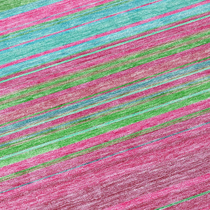 HomeRoots 5' Stylish Blush, Lime Green & Teal Blue Striped Washable Rug for Indoor & Outdoor Versatility 8' Round 614799