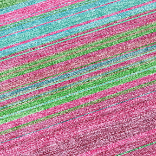 HomeRoots 5' Stylish Blush, Lime Green & Teal Blue Striped Washable Rug for Indoor & Outdoor Versatility 8' Round 614799