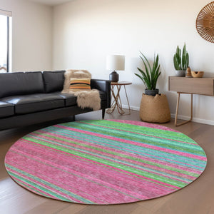HomeRoots 5' Stylish Blush, Lime Green & Teal Blue Striped Washable Rug for Indoor & Outdoor Versatility 8' Round 614799