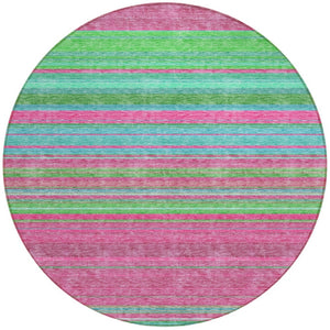 HomeRoots 5' Stylish Blush, Lime Green & Teal Blue Striped Washable Rug for Indoor & Outdoor Versatility 8' Round 614799