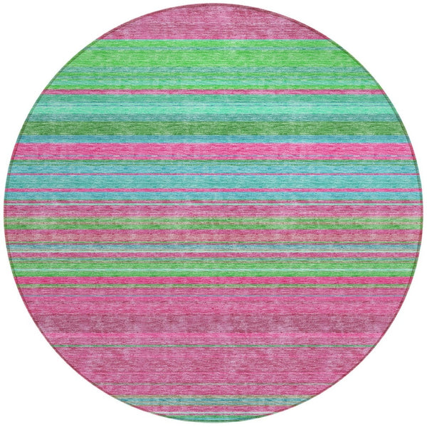 HomeRoots 5' Stylish Blush, Lime Green & Teal Blue Striped Washable Rug for Indoor & Outdoor Versatility 8' Round 614799