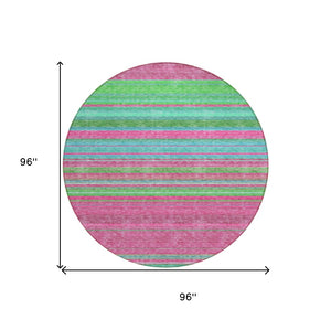 HomeRoots 5' Stylish Blush, Lime Green & Teal Blue Striped Washable Rug for Indoor & Outdoor Versatility 8' Round 614799