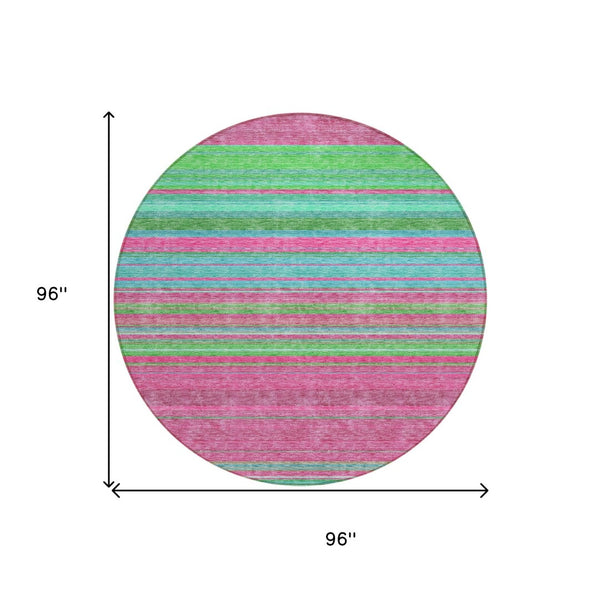 HomeRoots 5' Stylish Blush, Lime Green & Teal Blue Striped Washable Rug for Indoor & Outdoor Versatility 8' Round 614799