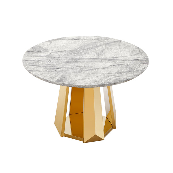 English Elm 47" Round Marble Dining Table - Chic Faux Marble Top & Gold Stainless Steel Base - Versatile & Durable Design For Any Space W3456S00009