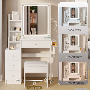 English Elm 29.2" Compact Bedside Vanity Set With Sliding Led Mirror, Power Ports, Cushioned Stool & Hairdryer Holder W936P172481