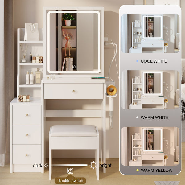 English Elm 29.2" Compact Bedside Vanity Set With Sliding Led Mirror, Power Ports, Cushioned Stool & Hairdryer Holder W936P172481