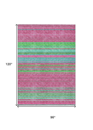 HomeRoots 5' Stylish Blush, Lime Green & Teal Blue Striped Washable Rug for Indoor & Outdoor Versatility 8' X 10' 614800