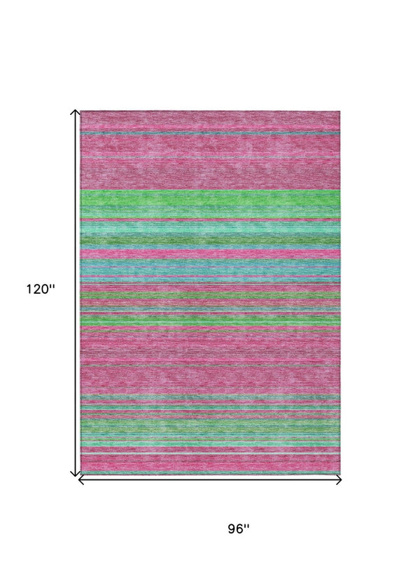 HomeRoots 5' Stylish Blush, Lime Green & Teal Blue Striped Washable Rug for Indoor & Outdoor Versatility 8' X 10' 614800