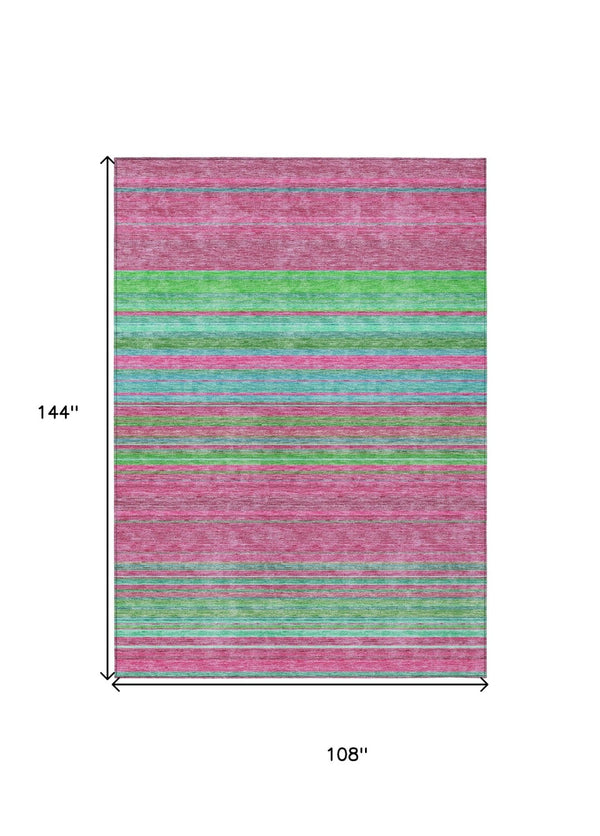 HomeRoots 5' Stylish Blush, Lime Green & Teal Blue Striped Washable Rug for Indoor & Outdoor Versatility 9' X 12' 614801