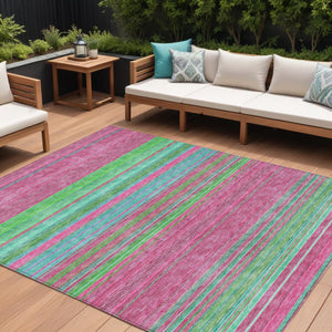 HomeRoots 5' Stylish Blush, Lime Green & Teal Blue Striped Washable Rug for Indoor & Outdoor Versatility 9' X 12' 614801