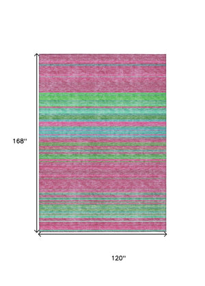 HomeRoots 5' Stylish Blush, Lime Green & Teal Blue Striped Washable Rug for Indoor & Outdoor Versatility 10' X 14' 614802
