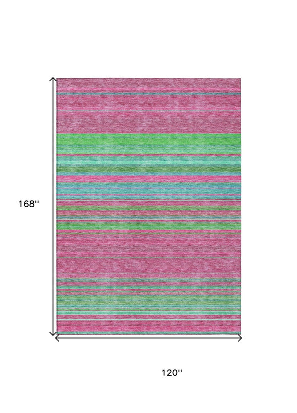 HomeRoots 5' Stylish Blush, Lime Green & Teal Blue Striped Washable Rug for Indoor & Outdoor Versatility 10' X 14' 614802