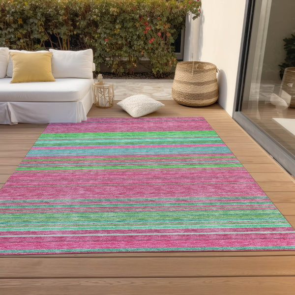 HomeRoots 5' Stylish Blush, Lime Green & Teal Blue Striped Washable Rug for Indoor & Outdoor Versatility 10' X 14' 614802