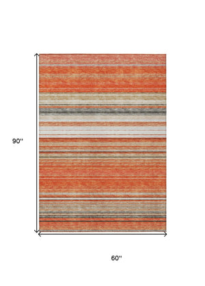 HomeRoots 5' Coral Ivory and Gray Striped Washable Area Rug - Durable, Stylish, Indoor/Outdoor Design for Any Space 5' X 8' 614804