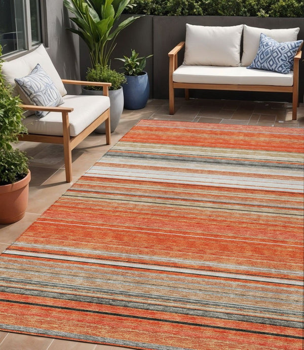 HomeRoots 5' Coral Ivory and Gray Striped Washable Area Rug - Durable, Stylish, Indoor/Outdoor Design for Any Space 5' X 8' 614804