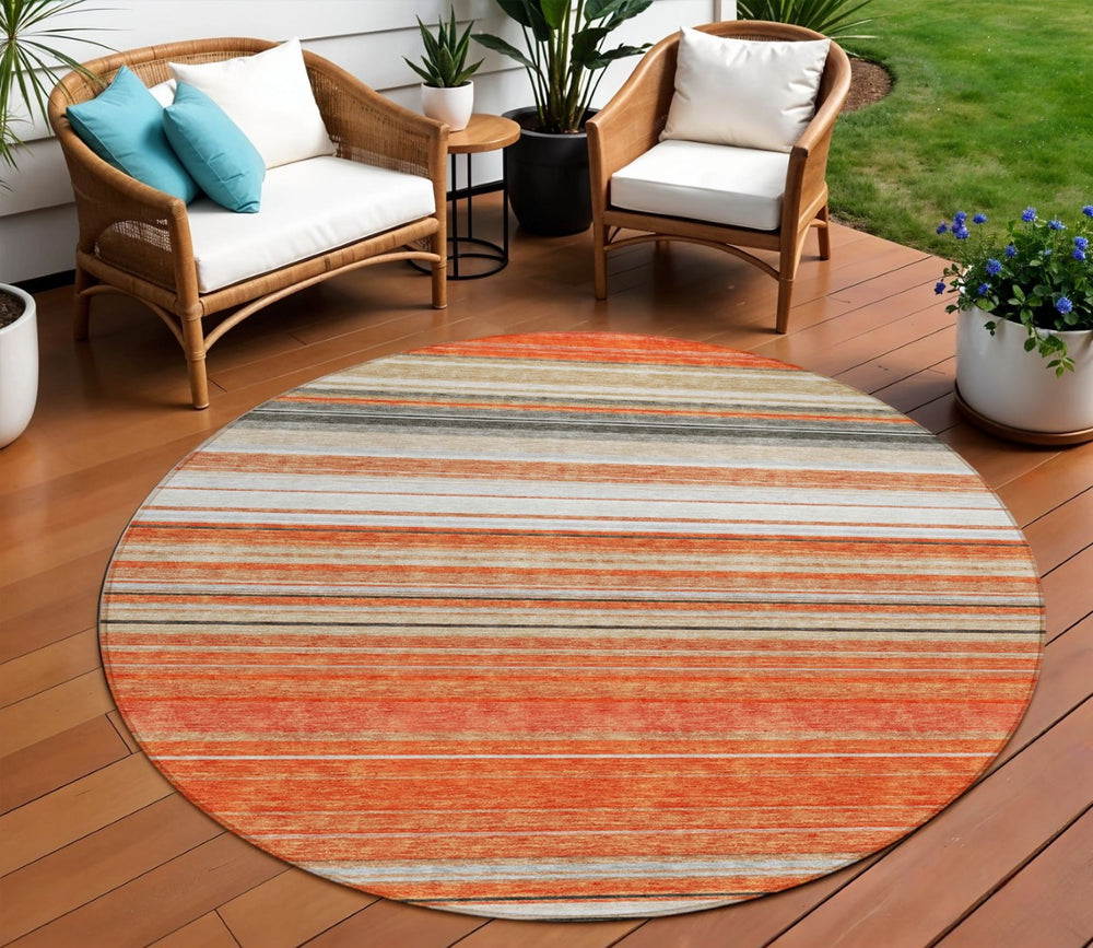 HomeRoots 5' Coral Ivory and Gray Striped Washable Area Rug - Durable, Stylish, Indoor/Outdoor Design for Any Space 8' Round 614805