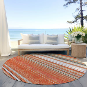HomeRoots 5' Coral Ivory and Gray Striped Washable Area Rug - Durable, Stylish, Indoor/Outdoor Design for Any Space 8' Round 614805