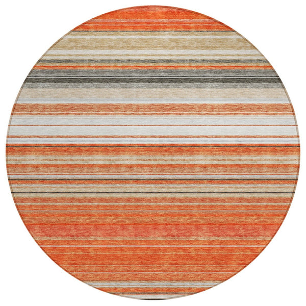 HomeRoots 5' Coral Ivory and Gray Striped Washable Area Rug - Durable, Stylish, Indoor/Outdoor Design for Any Space 8' Round 614805