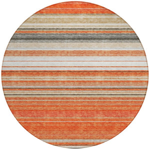 HomeRoots 5' Coral Ivory and Gray Striped Washable Area Rug - Durable, Stylish, Indoor/Outdoor Design for Any Space 8' Round 614805