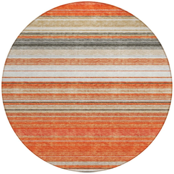 HomeRoots 5' Coral Ivory and Gray Striped Washable Area Rug - Durable, Stylish, Indoor/Outdoor Design for Any Space 8' Round 614805