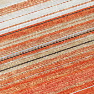 HomeRoots 5' Coral Ivory and Gray Striped Washable Area Rug - Durable, Stylish, Indoor/Outdoor Design for Any Space 8' Round 614805