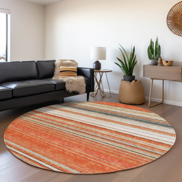 HomeRoots 5' Coral Ivory and Gray Striped Washable Area Rug - Durable, Stylish, Indoor/Outdoor Design for Any Space 8' Round 614805